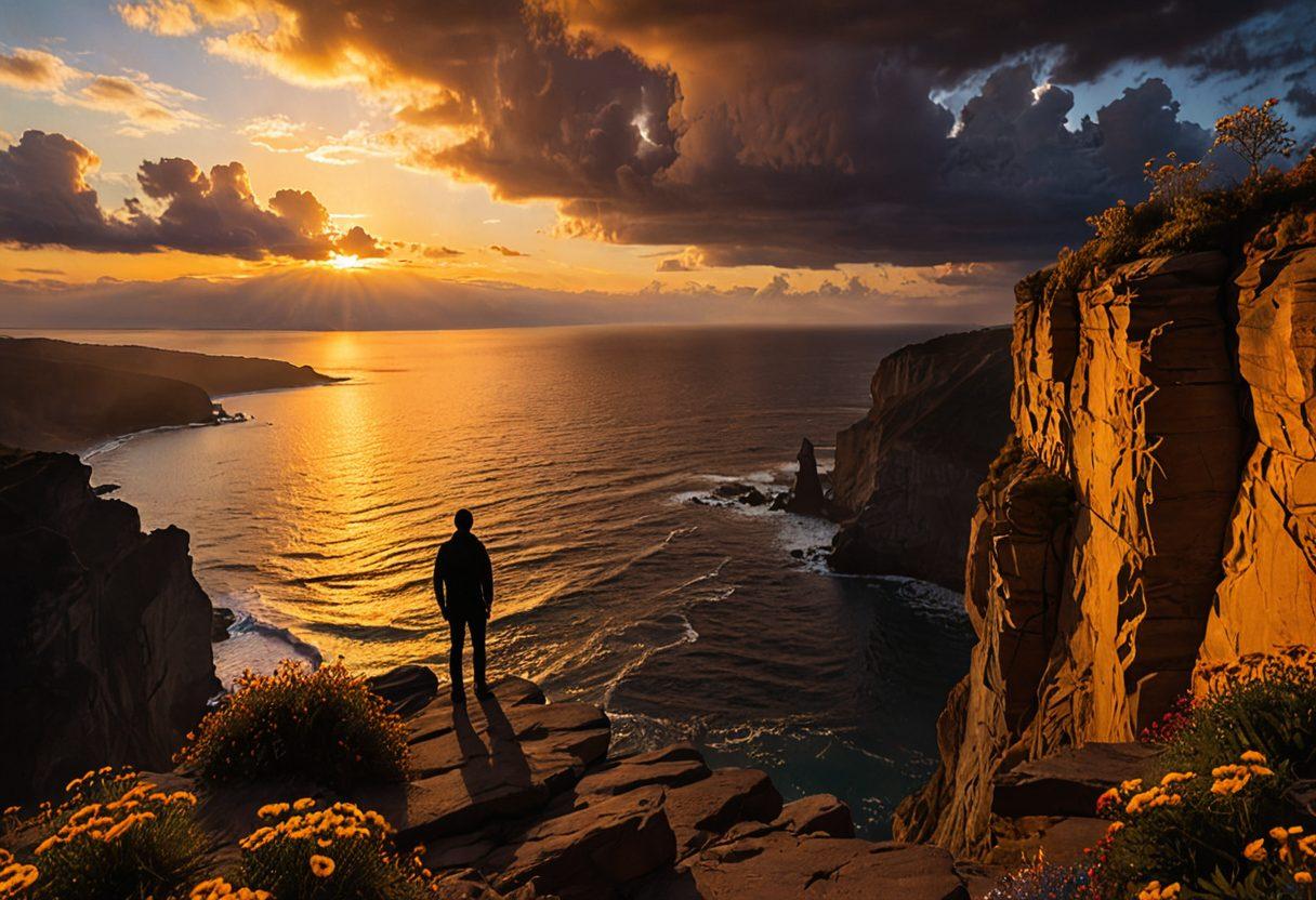 A serene silhouette of a person standing on a cliff at sunset, bathed in warm golden light, with shadows cascading around them symbolizing struggles. The background features a vibrant horizon where dark clouds begin to part to reveal a radiant sun, illustrating hope and transformation. Incorporate elements of nature, like blooming flowers at the cliff's edge, representing resilience. surrealism. warm colors. dynamic contrast.