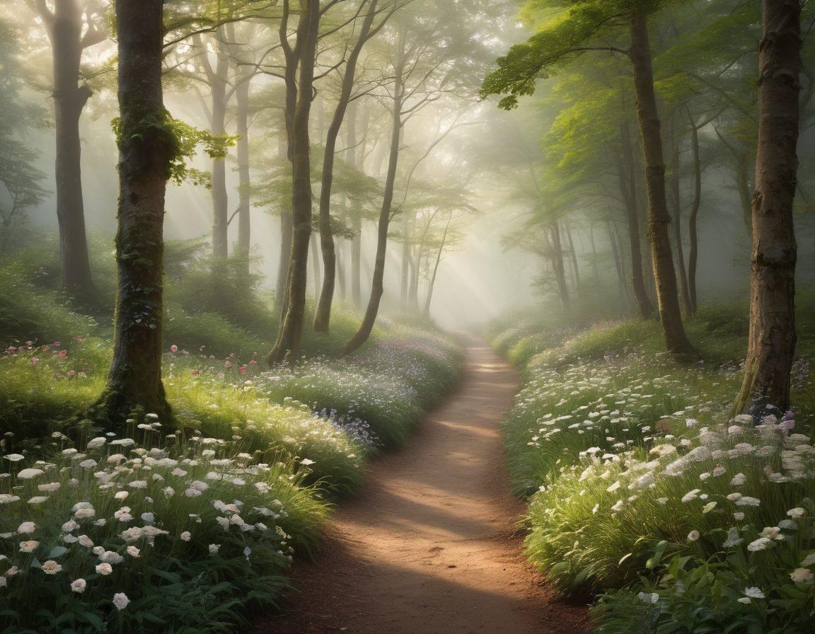 A serene path winding through a misty forest, with subtle light filtering through trees, symbolizing hope. Along the path, a figure is gently walking, embracing the beauty of nature, while shadows of past sorrow linger in the background. Rhythmic patterns of blooming flowers represent healing and growth. soft-focus. ethereal glow. calm colors.