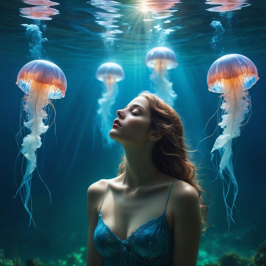 A serene underwater scene depicting a figure submerged in calm blue waters, surrounded by ethereal jellyfish emitting soft glows. The figure's expression reflects contemplation and resilience, with light filtering through the surface above. Seaweed sways gently, symbolizing growth amidst emotional depths. Incorporate elements like bubbles rising to the surface to signify hope and release. ultra-realistic. vibrant colors. tranquil atmosphere.